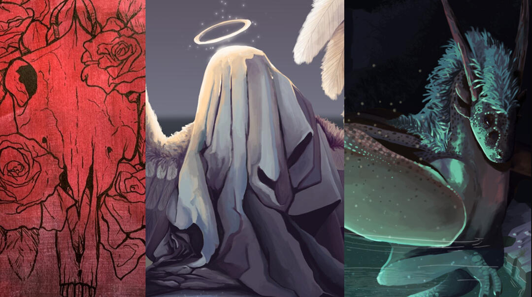 Red horse skull - Figure covered by cloth - Dragon in water